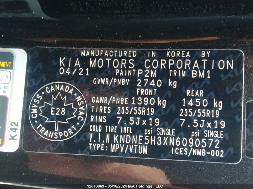 2022 Kia Carnival Sx VIN: KNDNE5H3XN6090572 Lot: 12010869