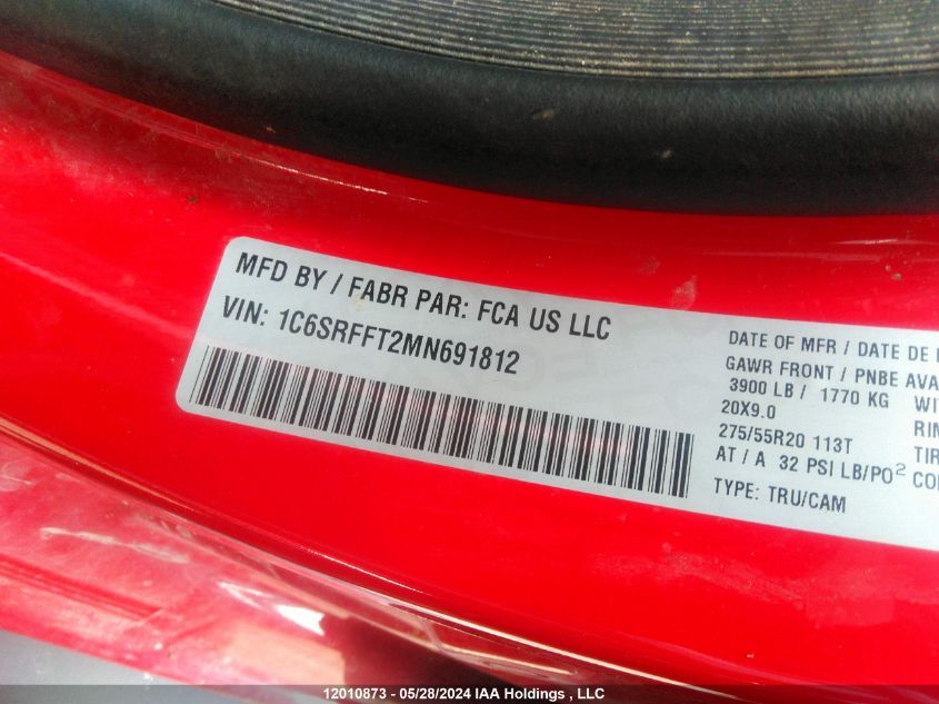 2021 Ram 1500 Big Horn VIN: 1C6SRFFT2MN691812 Lot: 12010873