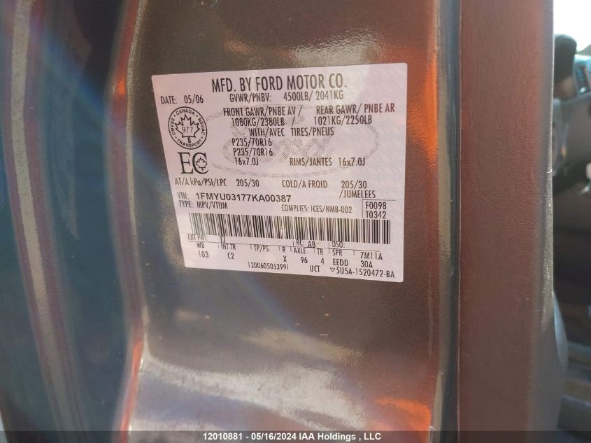 2007 Ford Escape Xlt VIN: 1FMYU03177KA00387 Lot: 12010881