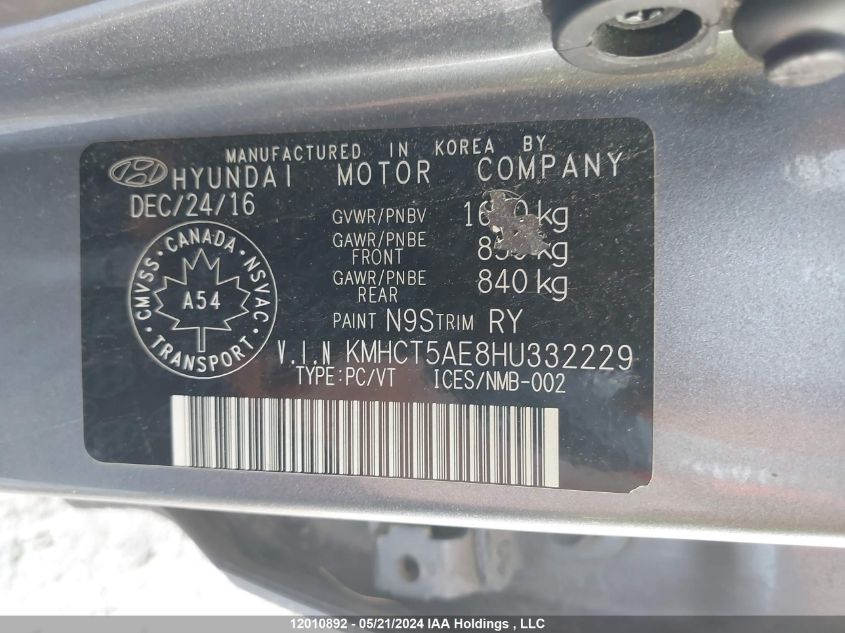 2017 Hyundai Accent Gl VIN: KMHCT5AE8HU332229 Lot: 12010892