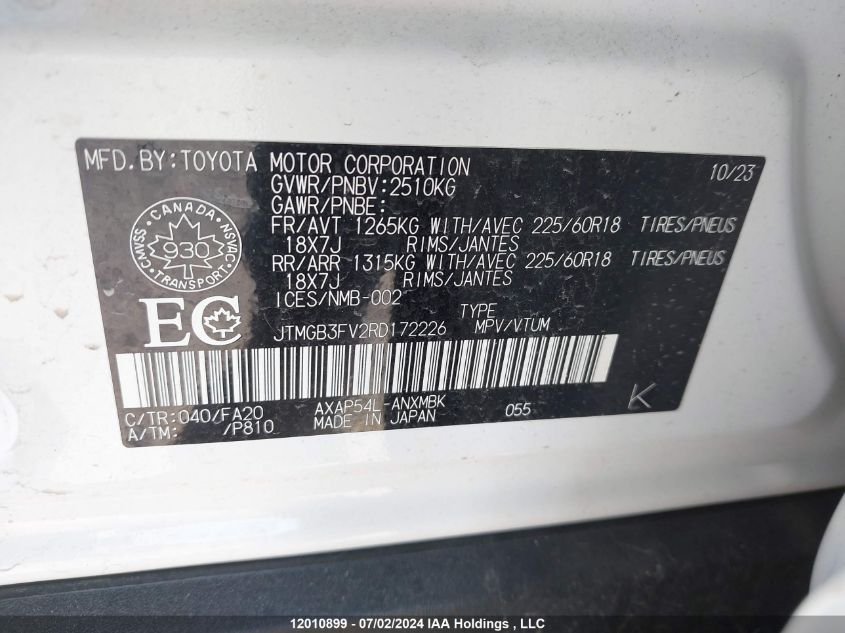 2024 Toyota Rav4 VIN: JTMGB3FV2RD172226 Lot: 12010899