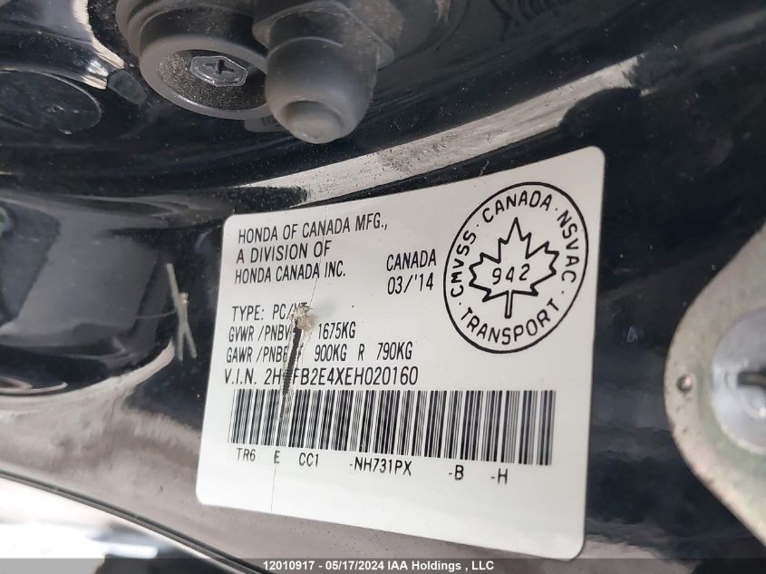 2014 Honda Civic Sedan VIN: 2HGFB2E4XEH020160 Lot: 12010917