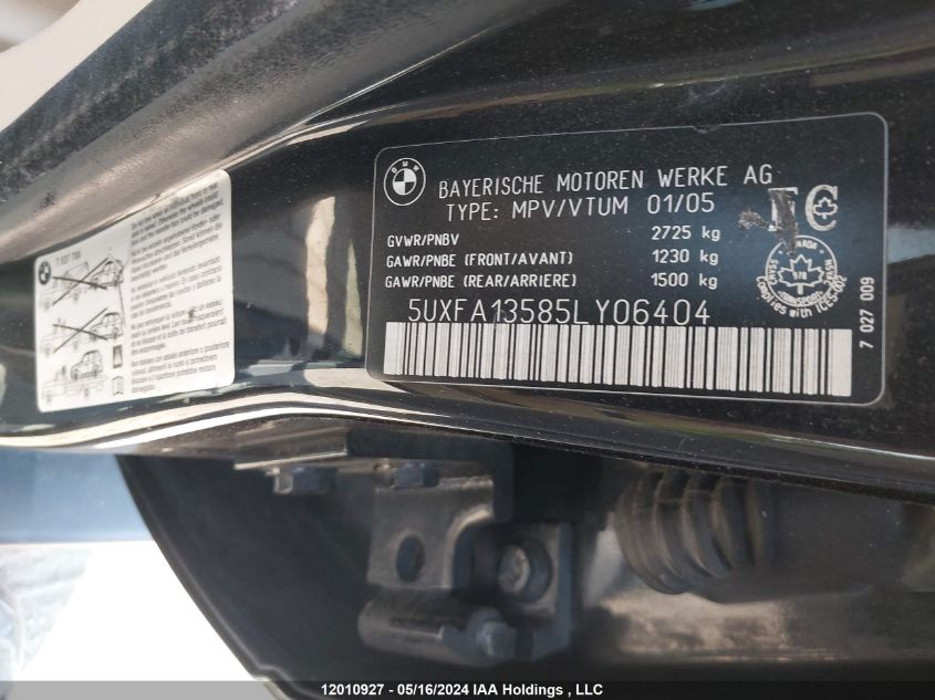 2005 BMW X5 VIN: 5UXFA13585LY06404 Lot: 12010927