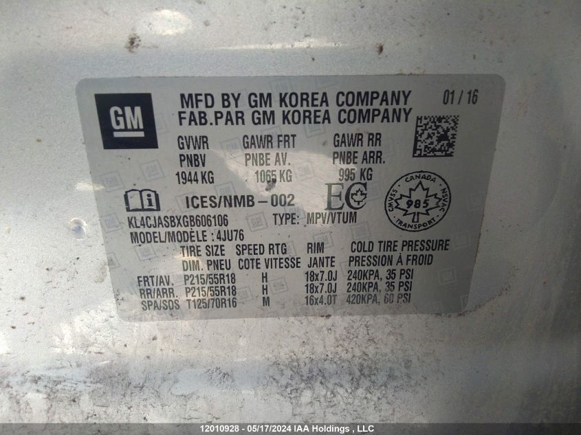 2016 Buick Encore VIN: KL4CJASBXGB606106 Lot: 12010928