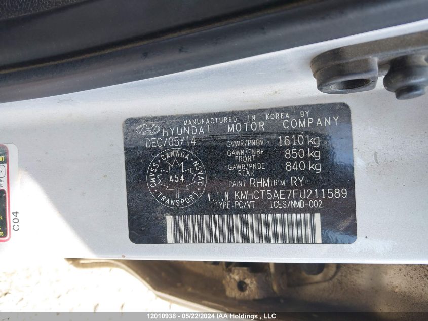 2015 Hyundai Accent Le VIN: KMHCT5AE7FU211589 Lot: 12010938