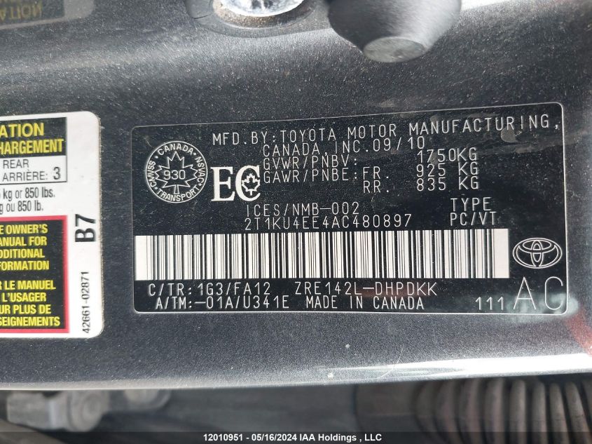 2010 Toyota Matrix Wagon VIN: 2T1KU4EE4AC480897 Lot: 12010951