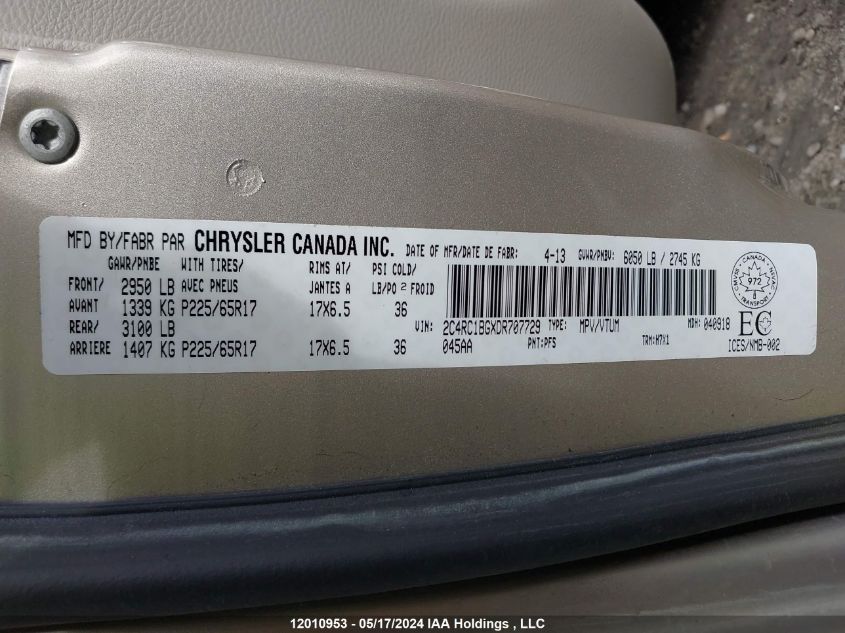 2013 Chrysler Town & Country VIN: 2C4RC1BGXDR707729 Lot: 12010953