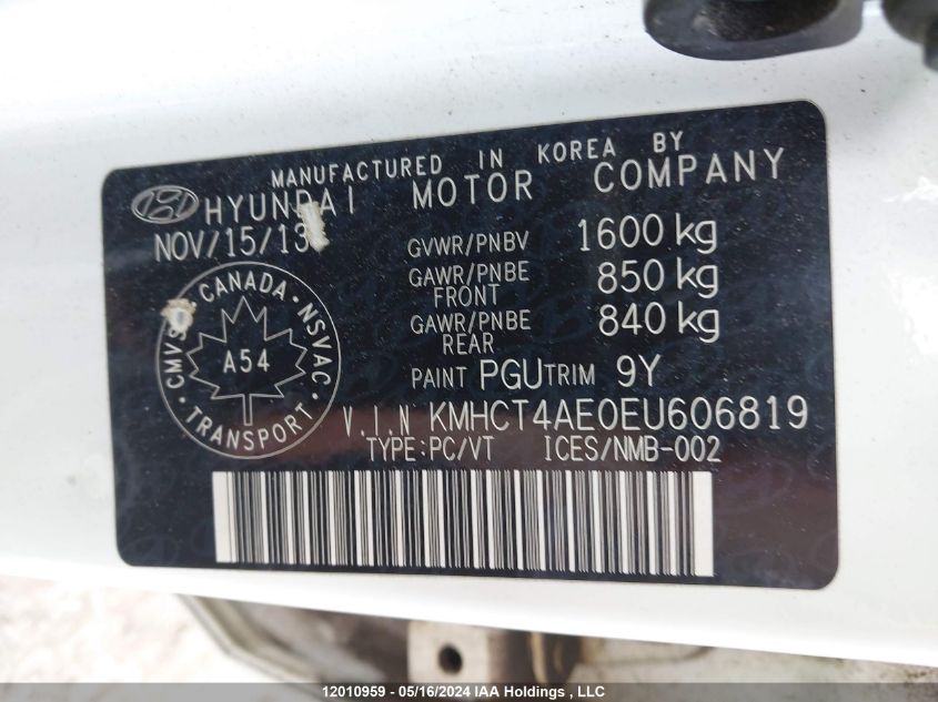 2014 Hyundai Accent VIN: KMHCT4AE0EU606819 Lot: 12010959