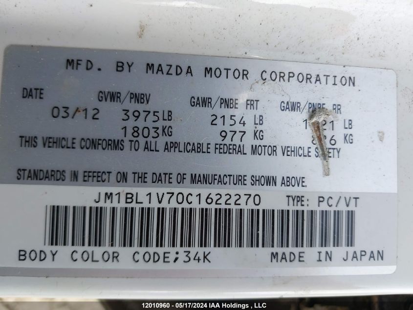 2012 Mazda 3 I VIN: JM1BL1V70C1622270 Lot: 12010960