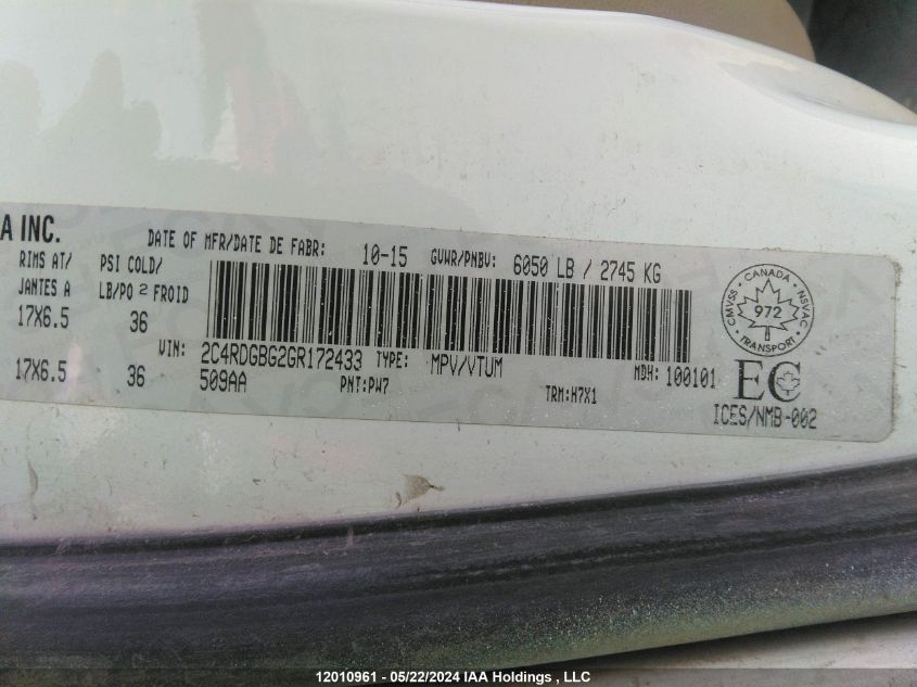 2016 Dodge Grand Caravan VIN: 2C4RDGBG2GR172433 Lot: 12010961