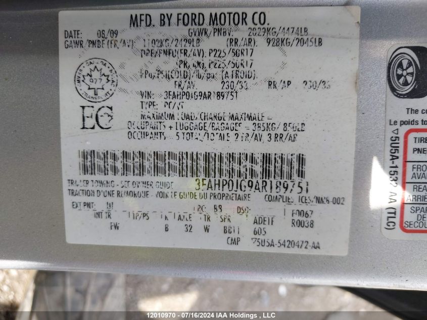 2010 Ford Fusion VIN: 3FAHP0JG9AR189751 Lot: 12010970