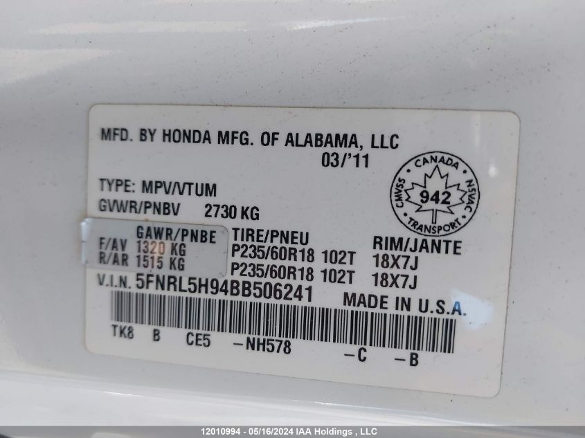2011 Honda Odyssey VIN: 5FNRL5H94BB506241 Lot: 12010994