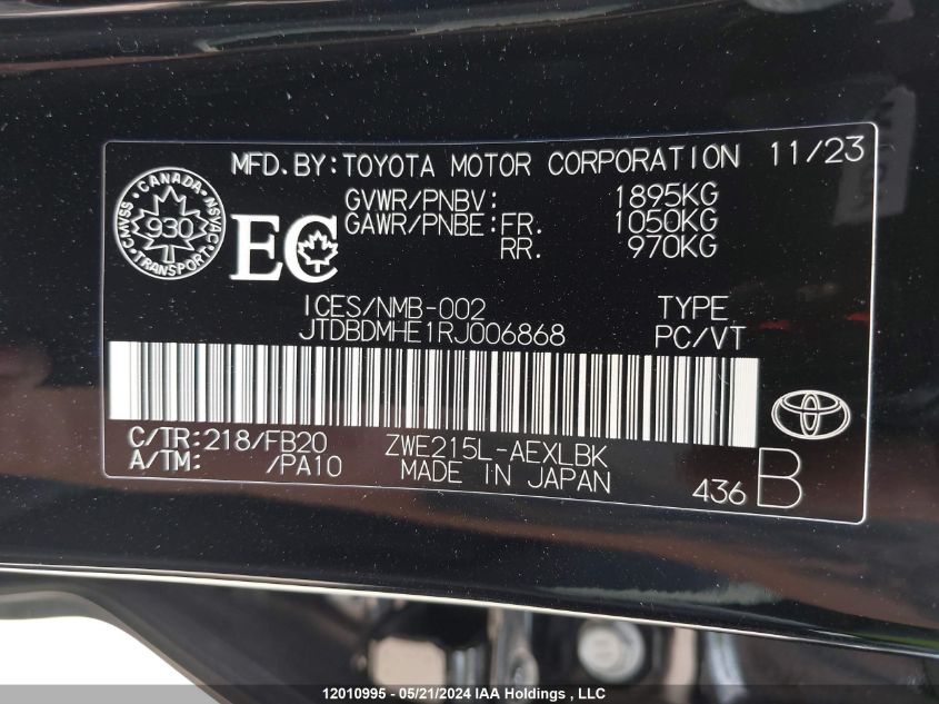 2024 Toyota Corolla Hybrid VIN: JTDBDMHE1RJ006868 Lot: 12010995