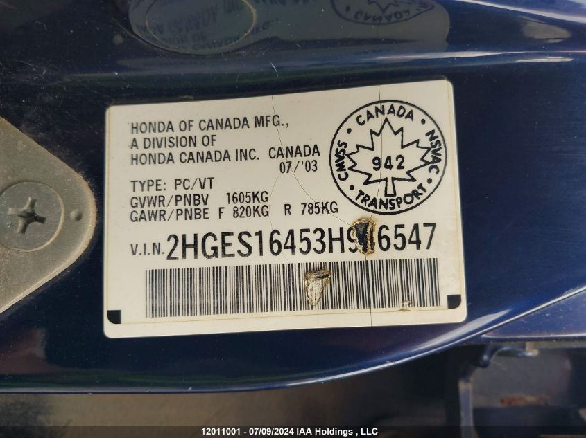 2003 Honda Civic Sdn VIN: 2HGES16453H946547 Lot: 12011001