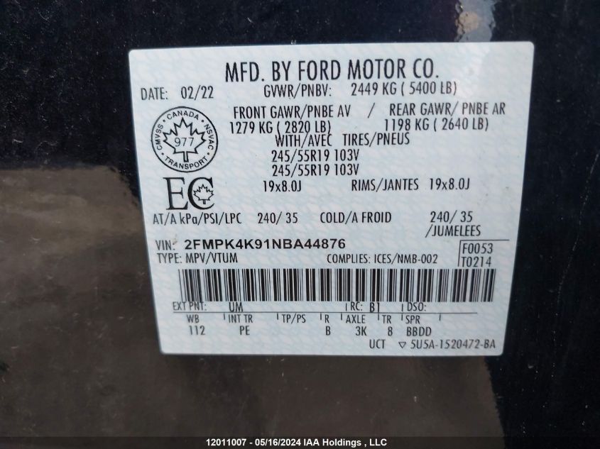 2022 Ford Edge Titanium VIN: 2FMPK4K91NBA44876 Lot: 12011007