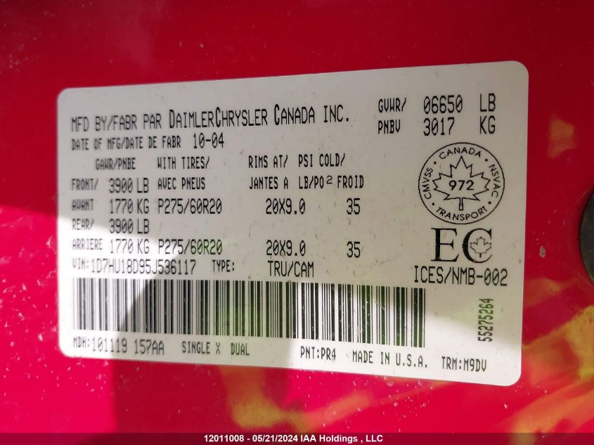 2005 Dodge Ram 1500 St/Slt VIN: 1D7HU18D95J536117 Lot: 12011008