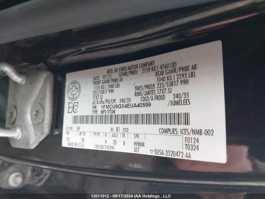 2014 Ford Escape Se VIN: 1FMCU9GX4EUA40599 Lot: 12011012