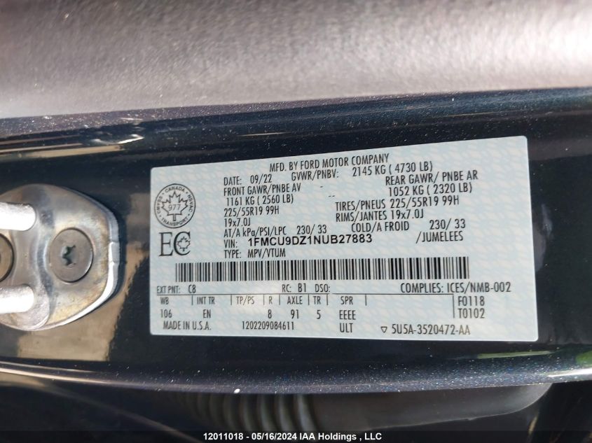 2022 Ford Escape Titanium Hybrid VIN: 1FMCU9DZ1NUB27883 Lot: 12011018