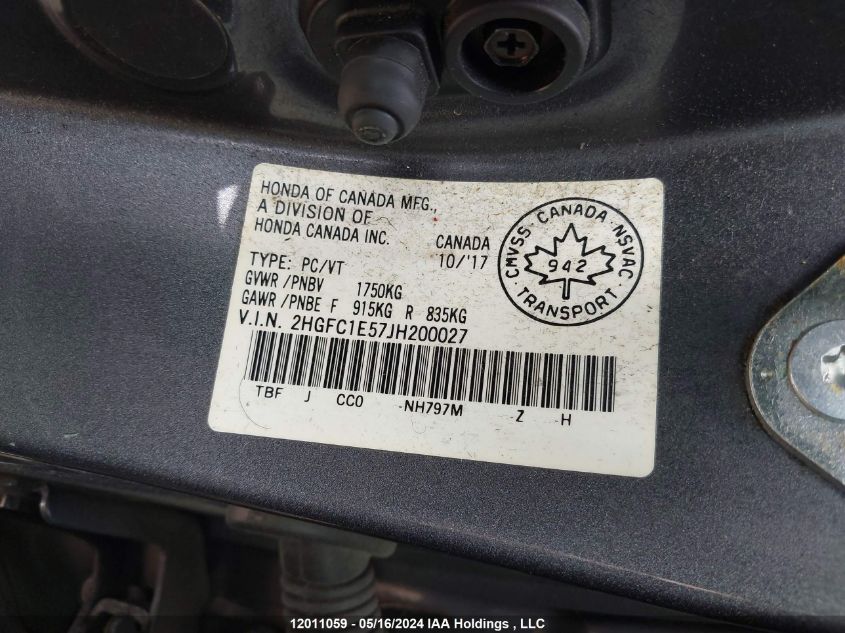 2018 Honda Civic Si Si VIN: 2HGFC1E57JH200027 Lot: 12011059