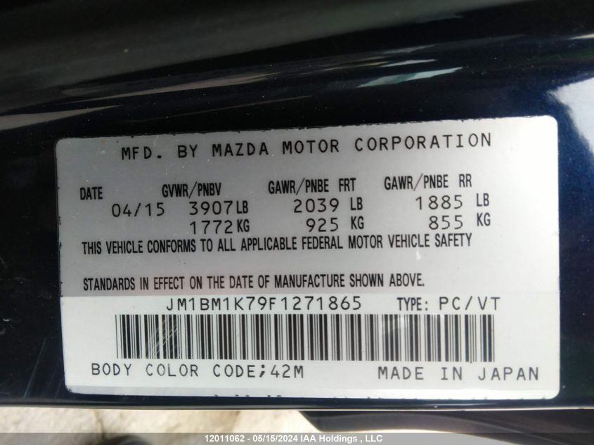 2015 Mazda 3 Sport VIN: JM1BM1K79F1271865 Lot: 12011062