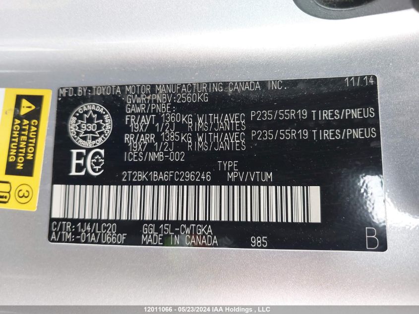 2015 Lexus Rx 350/Base/F Sport VIN: 2T2BK1BA6FC296246 Lot: 12011066