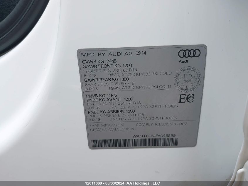2015 Audi Q5 Premium Plus VIN: WA1LFCFP4FA045859 Lot: 12011089