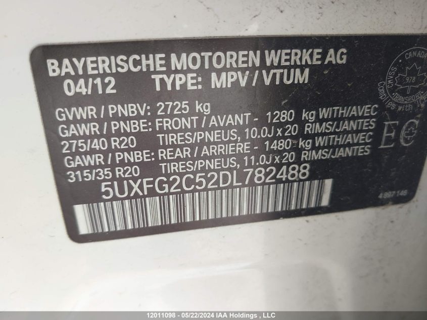 2013 BMW X6 VIN: 5UXFG2C52DL782488 Lot: 12011098