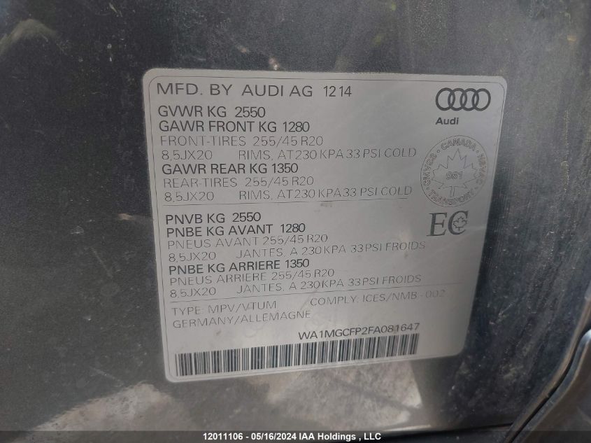 2015 Audi Q5 VIN: WA1MGCFP2FA081647 Lot: 12011106