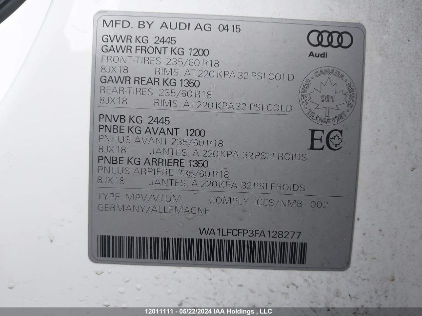 2015 Audi Q5 VIN: WA1LFCFP3FA128277 Lot: 12011111