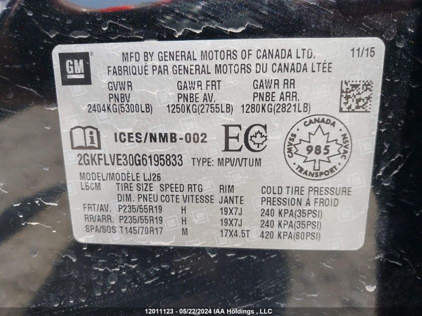 2016 GMC Terrain VIN: 2GKFLVE30G6195833 Lot: 12011123