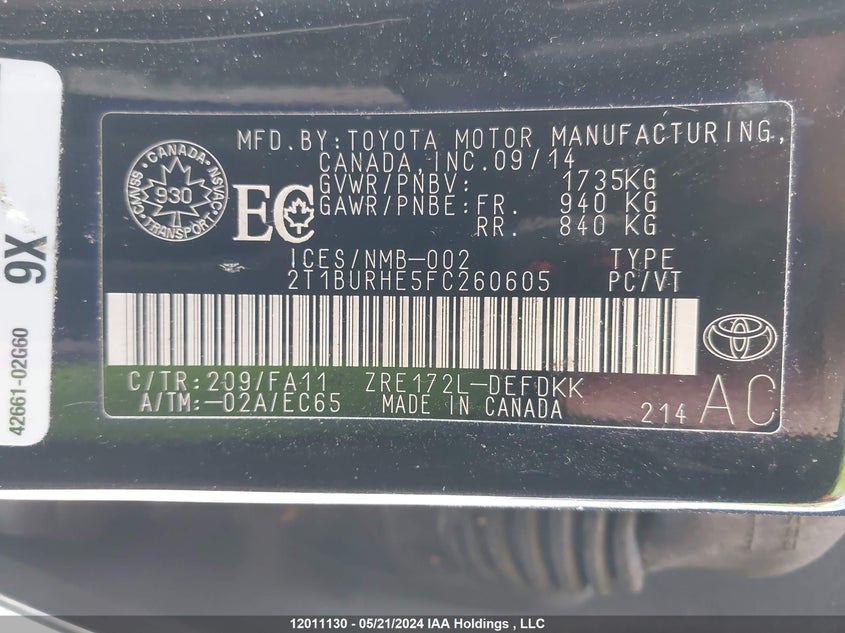 2015 Toyota Corolla Le VIN: 2T1BURHE5FC260605 Lot: 12011130