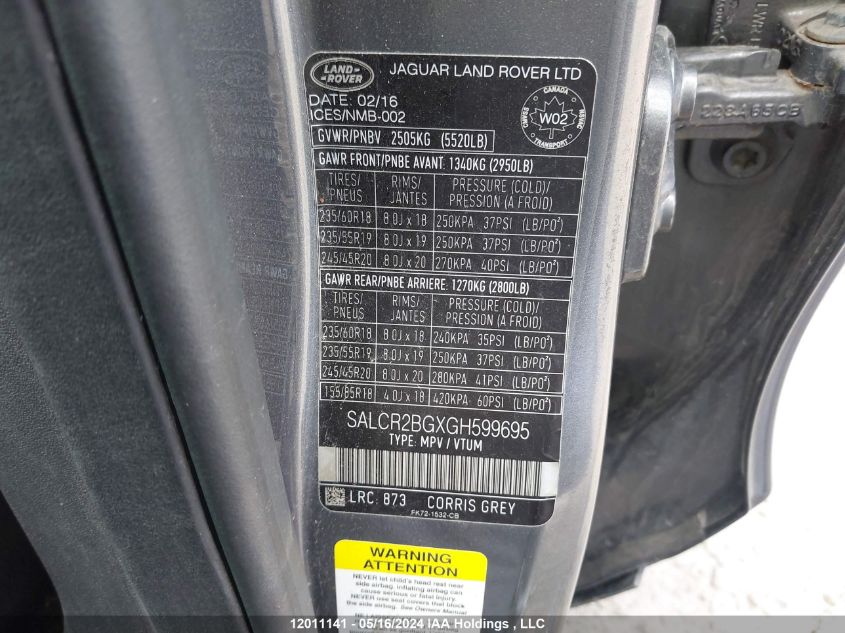 2016 Land Rover Discovery Sport VIN: SALCR2BGXGH599695 Lot: 12011141