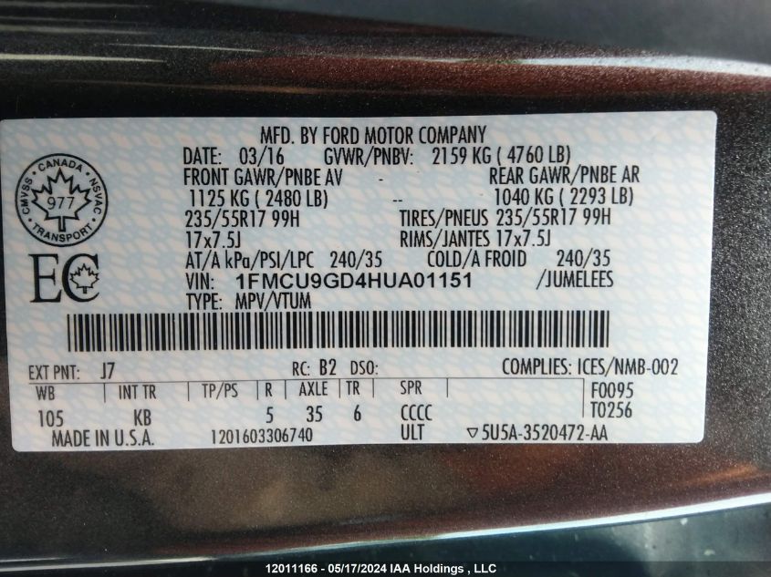 2017 Ford Escape VIN: 1FMCU9GD4HUA01151 Lot: 12011166