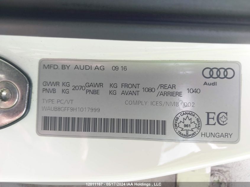 2017 Audi A3 VIN: WAUB8GFF9H1017999 Lot: 12011167