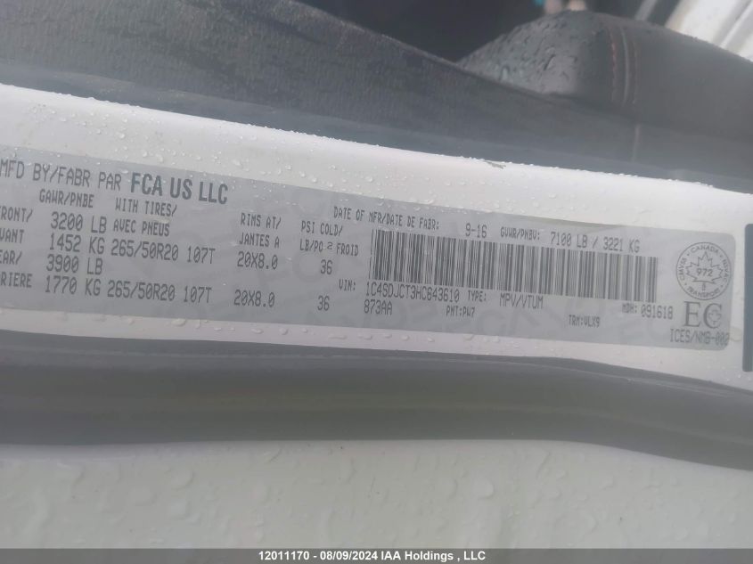 2017 Dodge Durango VIN: 1C4SDJCT3HC643610 Lot: 12011170