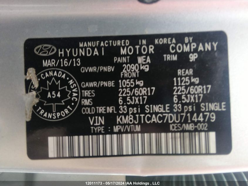 2013 Hyundai Tucson VIN: KM8JTCAC7DU714479 Lot: 12011173