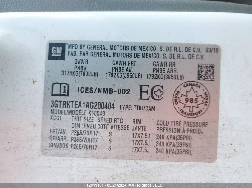 2010 GMC Sierra 1500 VIN: 3GTRKTEA1AG200404 Lot: 12011181