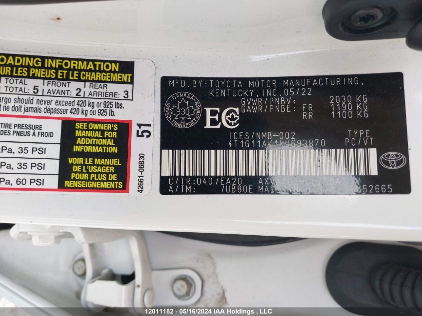 2022 Toyota Camry Se/Se Night Shade VIN: 4T1G11AK1NU693870 Lot: 12011182