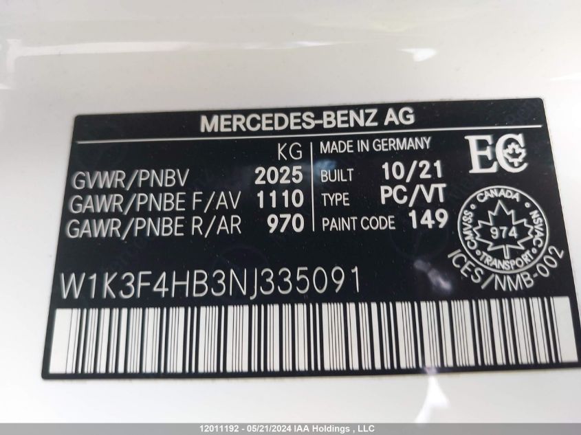 2022 Mercedes-Benz A-Class VIN: W1K3F4HB3NJ335091 Lot: 12011192