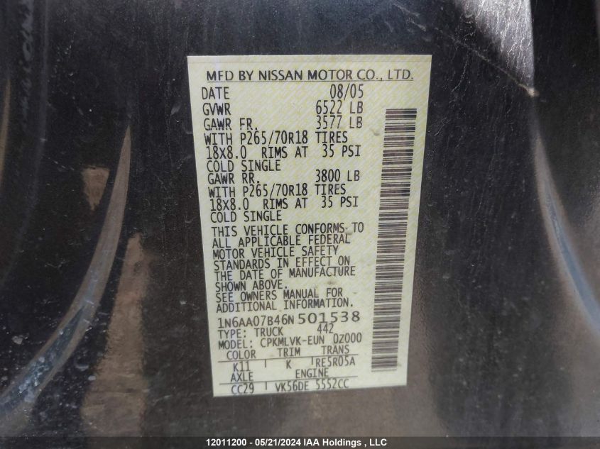 2006 Nissan Titan Xe/Se/Le VIN: 1N6AA07B46N501538 Lot: 12011200