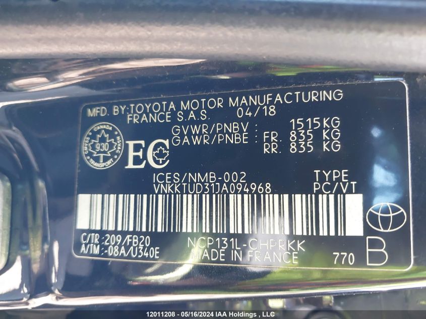 2018 Toyota Yaris L/Le/Se VIN: VNKKTUD31JA094968 Lot: 12011208