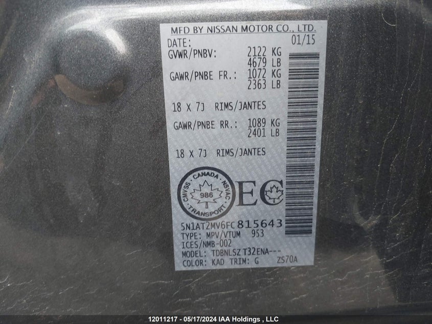 2015 Nissan Rogue VIN: 5N1AT2MV6FC815643 Lot: 12011217