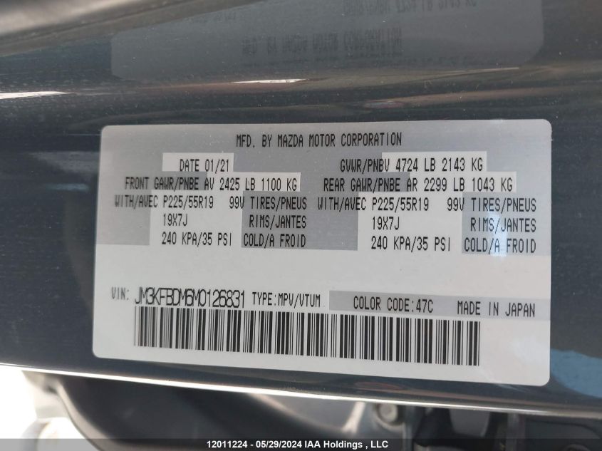 2021 Mazda Cx-5 VIN: JM3KFBDM6M0126831 Lot: 12011224