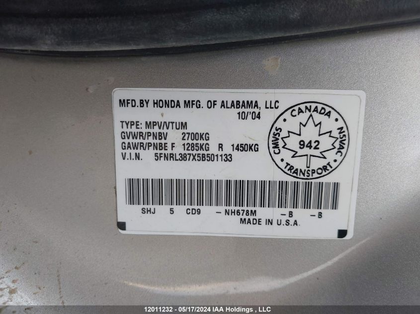 2005 Honda Odyssey Ex-L VIN: 5FNRL387X5B501133 Lot: 12011232