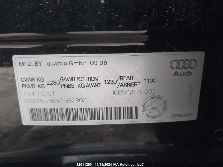 2007 Audi Rs 4 VIN: WUARU78E67N903001 Lot: 12011250