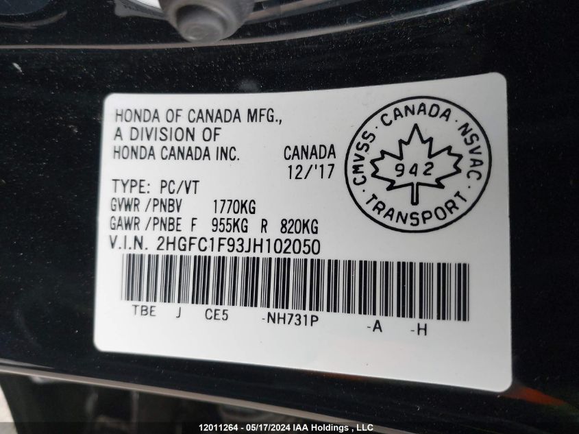 2018 Honda Civic Sedan VIN: 2HGFC1F93JH102050 Lot: 12011264