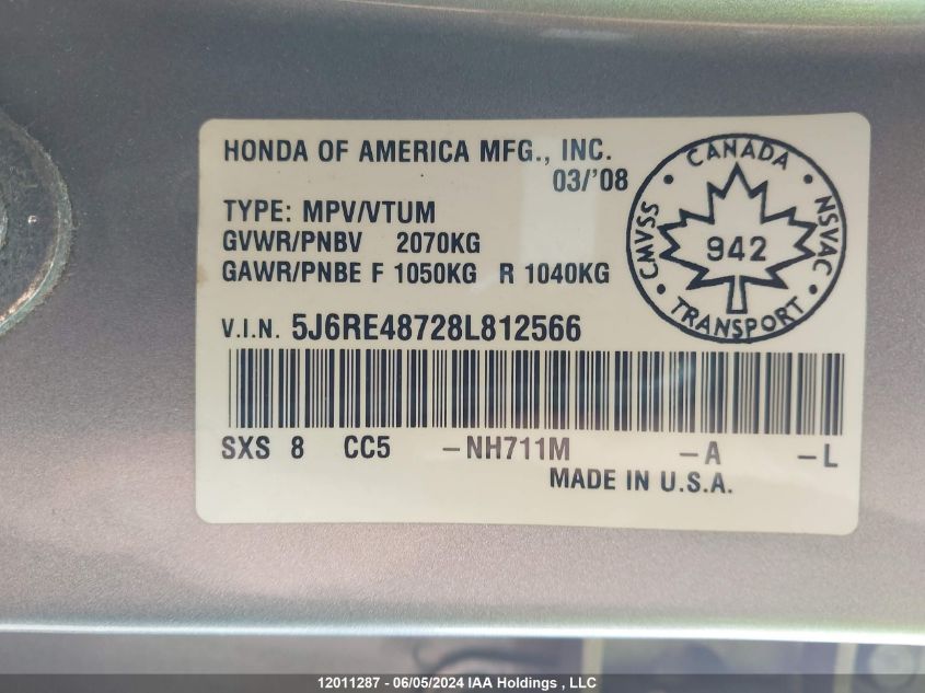2008 Honda Cr-V VIN: 5J6RE48728L812566 Lot: 12011287