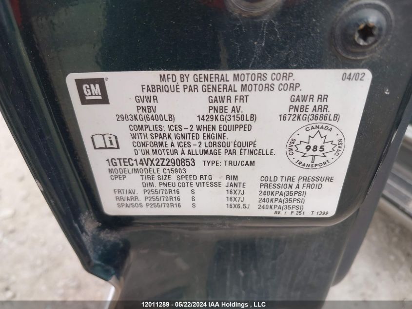 2002 GMC Sierra 1500 VIN: 1GTEC14VX2Z290853 Lot: 12011289