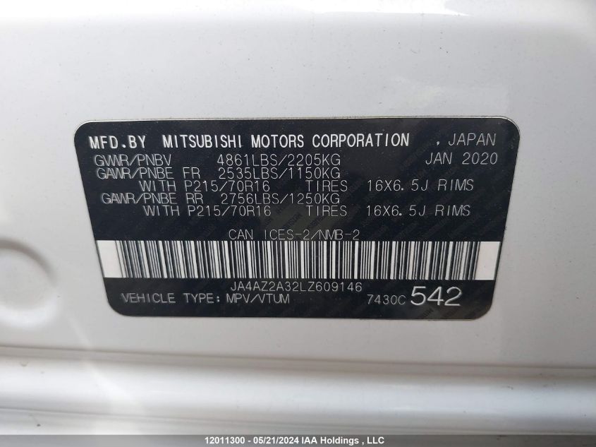 2020 Mitsubishi Outlander VIN: JA4AZ2A32LZ609146 Lot: 12011300