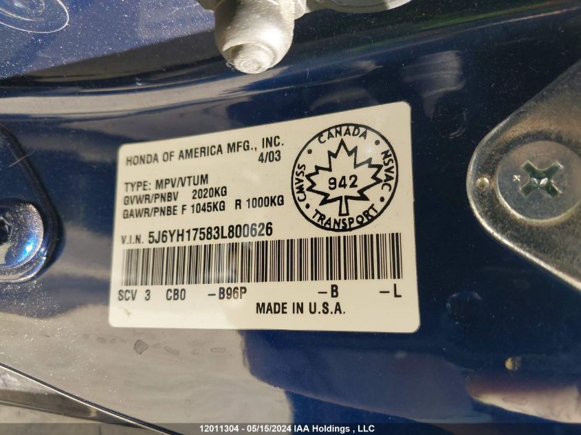2003 Honda Element VIN: 5J6YH17583L800626 Lot: 12011304